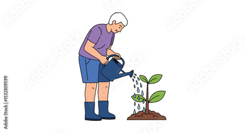 Elderly Person Watering a Young Plant with a Watering Can in the Garden