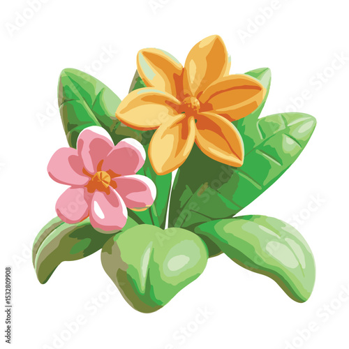 Colorful floral cluster with yellow and pink blooms in 3D style, perfect for cheerful nature illustrations