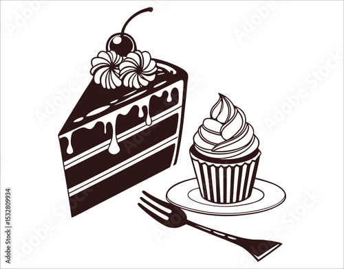 Black Chocolate Dessert Silhouettes on White Background