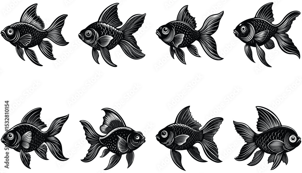 Fototapeta premium Elegant Black Goldfish Illustrations Eight Detailed Designs for Art and Decoration