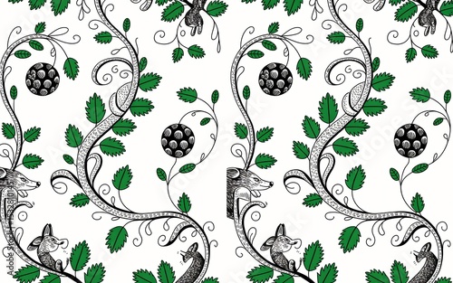 Russian Folk (Gzhel or Khokhloma) Whimsical Animal Pattern: Foxes and Rabbits Amidst Flourishing Vines