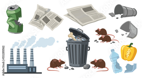 Environmental Pollution Concept Showing Factory Rat Problem Trash Newspaper Debris Recycle Concept