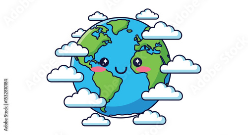 A Cartoon Earth Surrounded by Clouds Conveying a Message of Environmental Consciousness and Awareness
