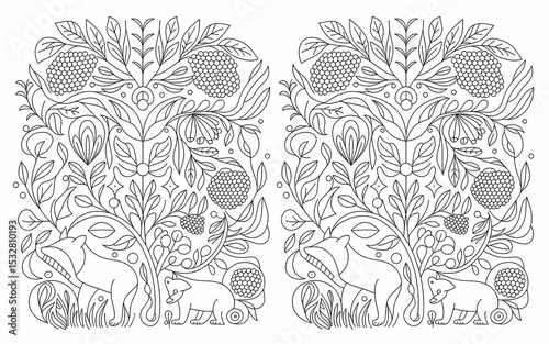 Russian Folk (Gzhel or Khokhloma) Intricate Line Art: Floral Garden with Animals, Doubled Design