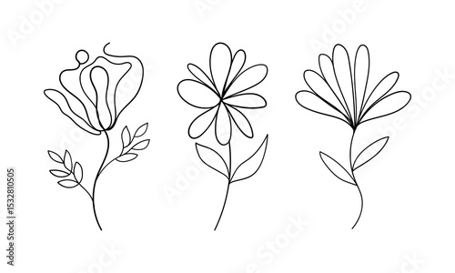 Stylized Botanical Line Trio. A creative trio of stylized flowers drawn in continuous line style.