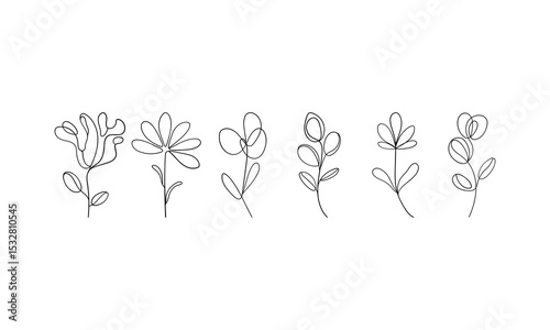 Delicate Line Flower Collection. A soft and simple set of five abstract flowers drawn in a continuous line.