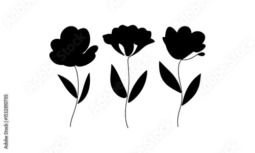 Solid Black Flower Trio. A bold set of three black silhouette flowers with clean lines and simple leaves.
