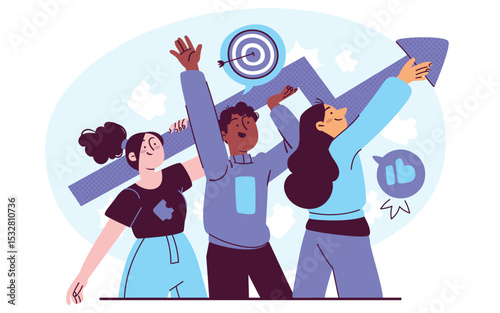 Vector illustration, flat style, businessman running down the stairs to the goal in the form of a flag, career planning, career development concept, team work