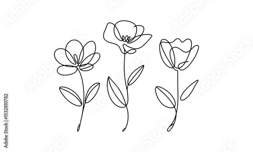 Hand-Drawn Flower Line Set. Three blooming flowers drawn with expressive continuous lines.