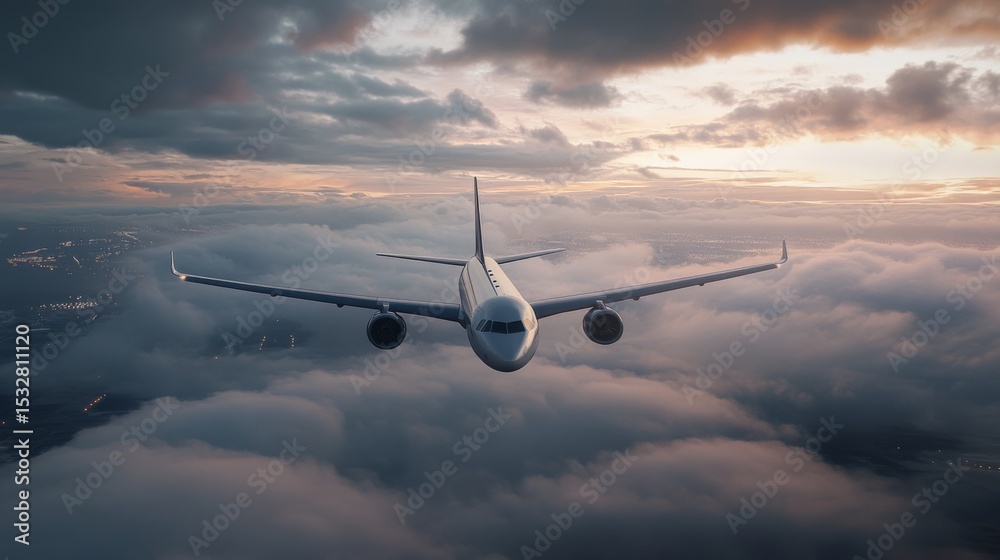 Obraz premium A dramatic shot of an airplane descending through the clouds, with the runway lights visible in the distance and the sky painted in soft hues.