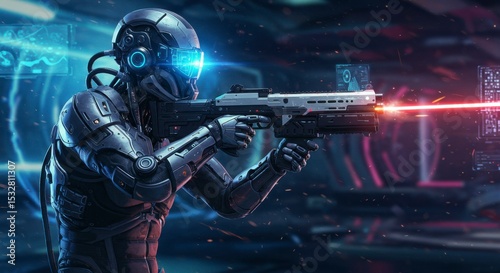 Futuristic robot soldier aiming laser rifle in a dark, technological environment