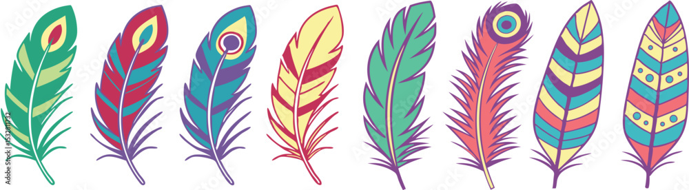 Fototapeta premium Colorful Decorative Feather Set with Vibrant Patterns for Artistic and Boho Design, set of colorful feathers isolated on white background, eps10.