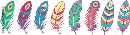 Colorful Decorative Feather Set with Vibrant Patterns for Artistic and Boho Design, set of colorful feathers isolated on white background, eps10.