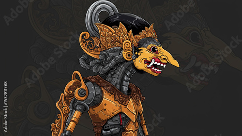 Futuristic themed wayang character from Indonesia in cyberpunk style with detailed armor and science fiction aesthetics photo