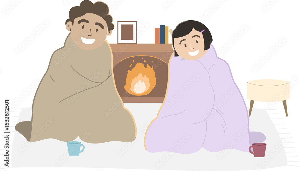 Obraz premium Couple is sitting wrapped in blankets by fireplace on white rug, flat design transparent background
