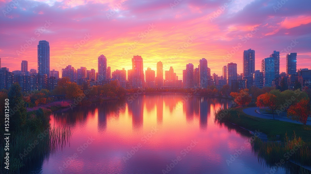 Obraz premium Vibrant sunrise over city skyline reflected in calm water