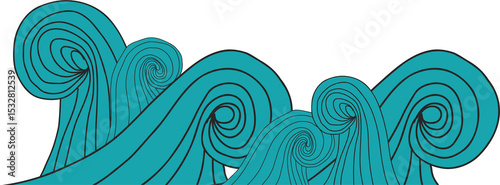 Abstract wave motif is undulating across transparent canvas in flat design with teal swirl patterns