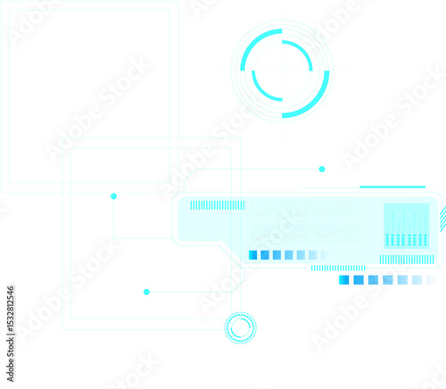 Projecting neon cyan HUD overlay on transparent canvas featuring squares reticles panels nodes star