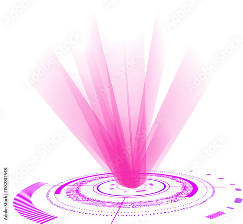 Flat abstract design showing holographic data hub emitting magenta beams on transparent backdrop