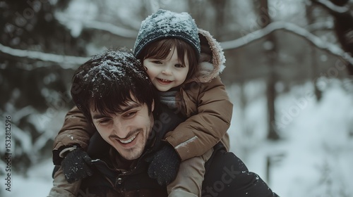 Father and child enjoying winter season with snow fun outdoor happy family time together in cold weather