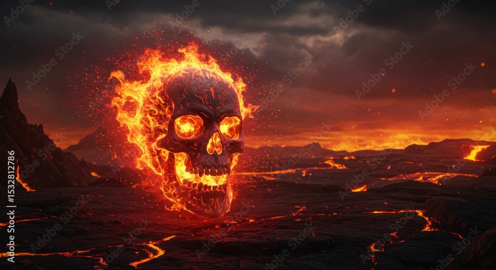 Obraz premium Fiery skull engulfed in flames, set against a volcanic landscape of lava flows and dark, ominous clouds