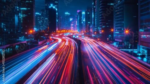 A dynamic shot of a modern city road with striking architecture, neon lights, and bustling traffic, showcasing the vibrant energy of urban life at night.