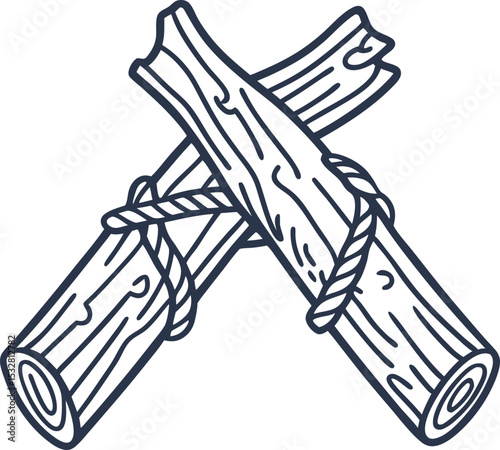 Hand drawn wooden logs tied together with rope, camping supplies and survival knot, outdoor campfire preparation
