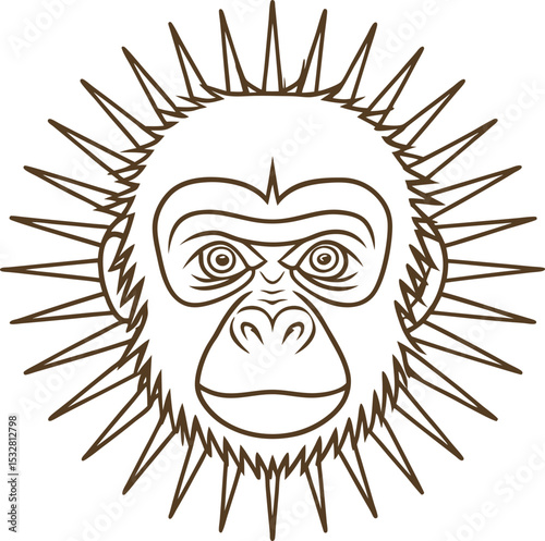 Stylized monkey face with spiky mane, symmetrical line art abstract animal illustration, wild nature icon