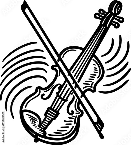 Violin and bow illustration with dynamic lines symbolizing music and movement, hand drawn sketch