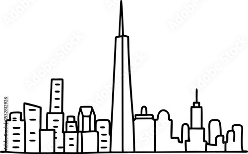 Minimalist urban skyline outline simple black and white city silhouette with tall skyscrapers and modern buildings