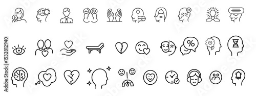 Mental health Vector line Icon set. Mental Health And Psychological Therapy Icons Set. Mental health flat icons set.