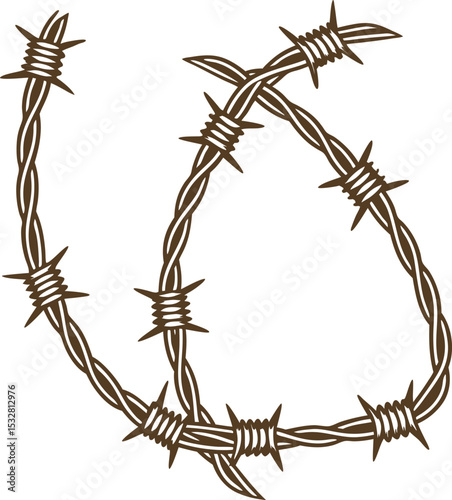 Barbed wire twisted in the shape of a letter sharp dangerous metal fence for security, protection, restriction, border control