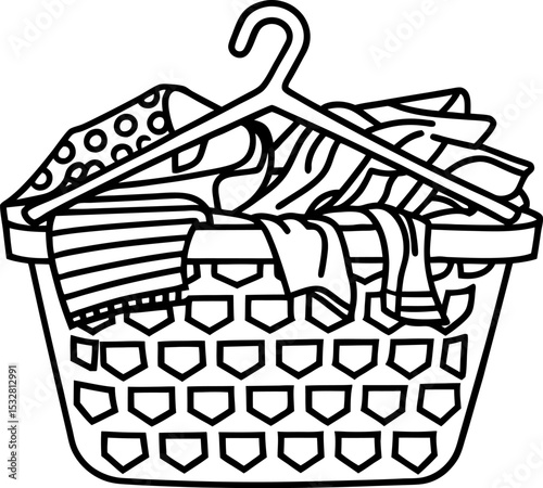 Laundry basket full of assorted clothes and hanger household chores, washing, organization, cleanliness routine