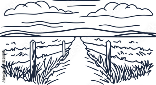 Rural landscape field path illustration countryside road with fence, grassy meadow, cloudy sky horizon line art