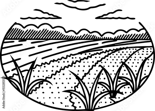 rural landscape illustration with farmland, fields, mountains, and clouds countryside agriculture, nature scene