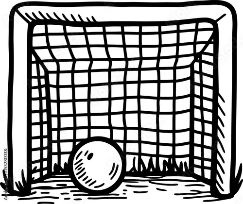 Soccer goal with ball on grass hand drawn net illustration representing sports, scoring, and team competition