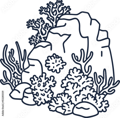 Coral reef illustration with underwater rock and marine plants ocean ecosystem, aquatic biodiversity, nature conservation