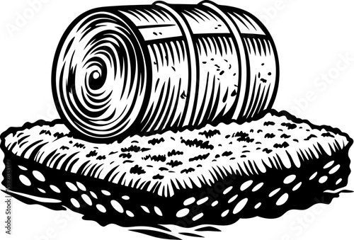 wooden barrel resting on hay bale, rustic farm storage vintage black and white engraving illustration