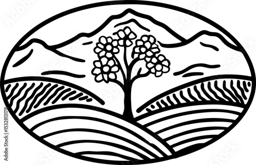 Scenic landscape with blooming tree, rolling hills and mountain range in oval frame artistic nature design illustration