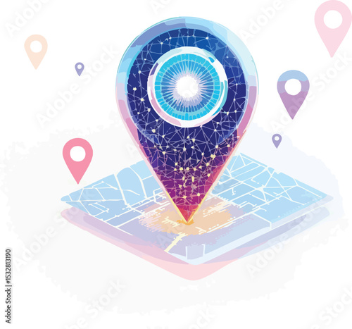 Abstract illustration of a futuristic location pin on a digital map with other location markers.