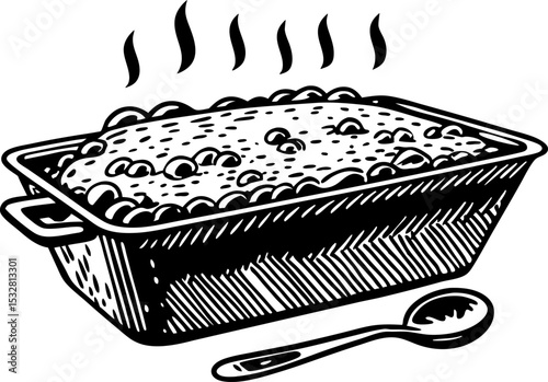 Baked casserole illustration hand drawn oven dish with steam and spoon comfort food, home cooking concept