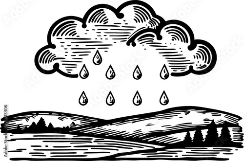 Rain cloud with falling raindrops over rolling hills scenic hand drawn landscape, black and white countryside illustration