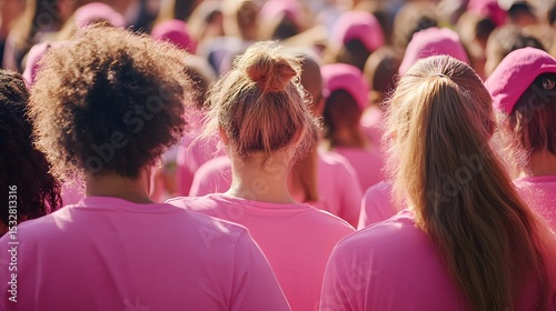 Group of people wearing shirts for charity walk raising awareness for breast cancer research event