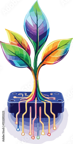 Digital evolution colorful tree growing from microchip symbolizing technology growth.