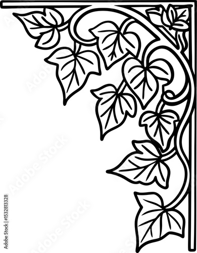 Decorative corner ornament with swirling vine and ivy leaves, intricate black outline botanical frame design