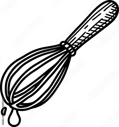 Hand drawn wire whisk with wooden handle and dripping liquid kitchen utensil for mixing, baking, cooking