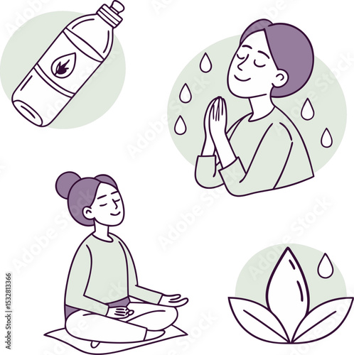 Serene Wellness Yoga Meditation Design featuring peaceful women practicing mindfulness and hydration