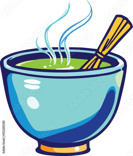 Illustration of matcha tea in a blue bowl with a whisk and steaming effect.
