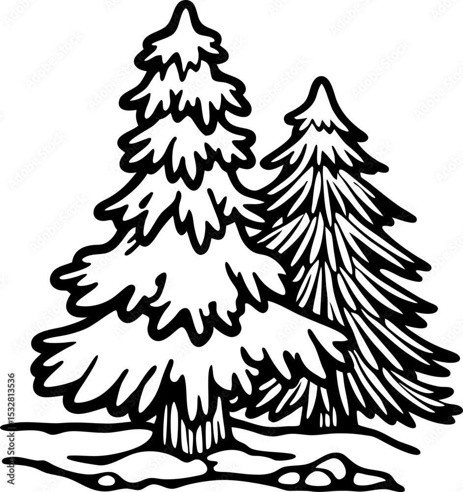 Obraz premium Snow covered pine trees illustration, winter forest scene with fir trees, hand drawn outline nature