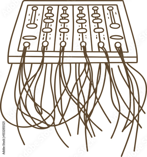Analog audio mixing console with connected cables sound engineering, music production, mixer device control